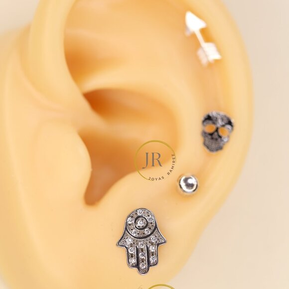 925 Sterling Silver CZ Hamsa Hand of Fatima • Good Luck & Protection Studs. - Picture 6 of 7